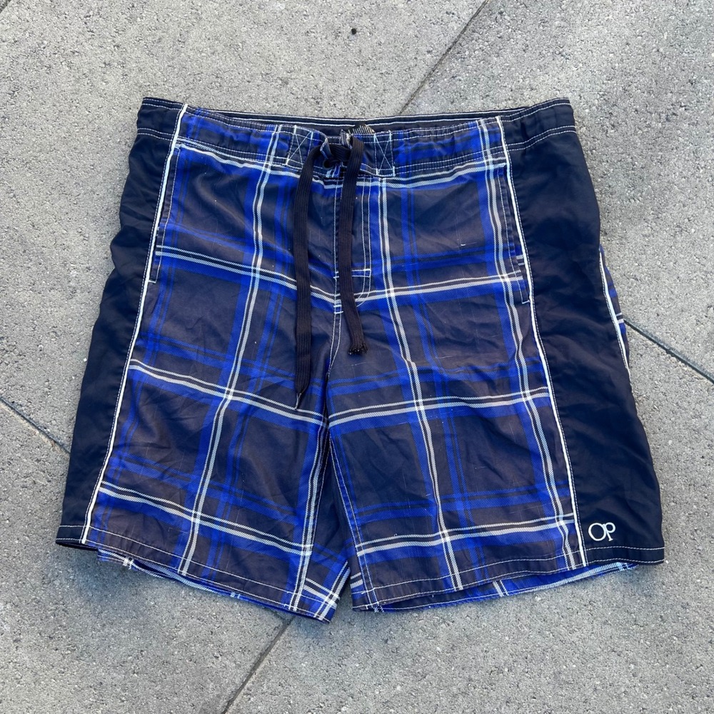 OP Ocean Pacific Mens Blue Plaid Board Shorts Swim Trunks Size M 32-34